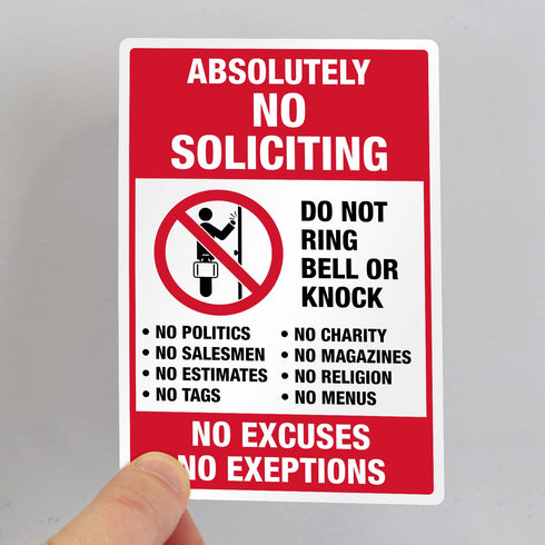 SmartSign No Soliciting Stickers, Pack of 3, One 3.75"x5.5" & Two 2.75"x4", No Excuses No Exceptions, Made in USA