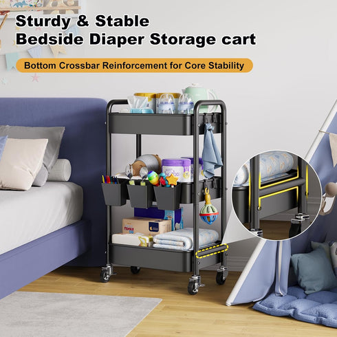 Aofure 3 Baby Diaper Caddy Organizer and Storage, Tier Rolling Cart with Wheels for Newborn Nursery Essentials, Baby