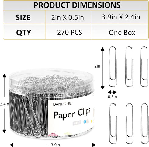 Silver Jumbo Paper Clips, 270pcs 2 Inch (50 mm) Paper Clip, Large Paperclips Great for Office School and Personal Use(2 in, Silver) by DANRONG