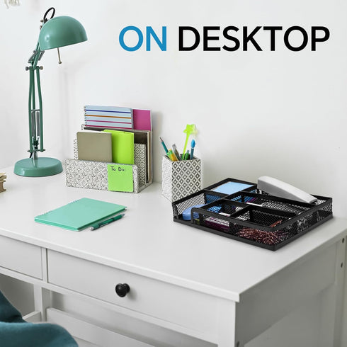 Desk Drawer Organizer, Black - Office Drawer Divider Tray with 6 Compartments, Metal Mesh for Stationery & Makeup