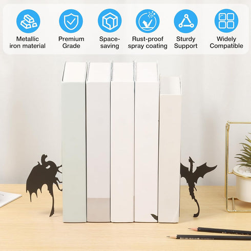 Tcwhniev 4 Pcs Dragon Metal Bookend, Book End for Shelf Bookshelf Home Office Desk Bookshelf Decor Present for Dragon