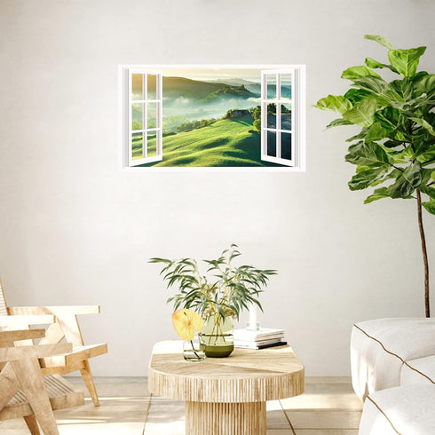 Mountain View Wall Stickers, 3D Fake Window Nature Scenery Decals for Bedroom Living Room, Removable Wall Murals
