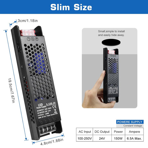 PZETCEIR 24V 150W 6.5A 100-250V 24V Bulbs, LED Driver Slim LED Power Supply, AC to DC Adapter, Constant Voltage