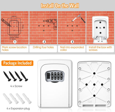 Fayleeko Key Lock Box Wall Mounted, 4 Digit Combination Lockbox for House Keys - 5 Keys Capacity, White (1 Pack)