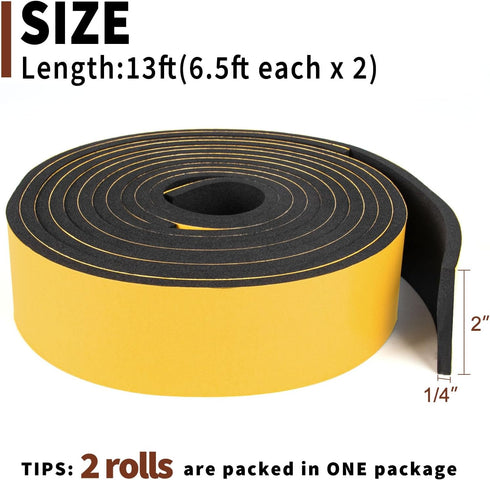 Yotache High Density Adhesive Foam Seal Tape, 2 Rolls, 2" W X 1/4" T, Weather Strip Insulation