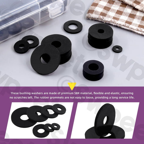 Swpeet 175Pcs Flat Rubber Washers Assortment Kit - 7 Sizes 10/12/16/18/20/25/30mm Heavy Duty Black Rubber Pads