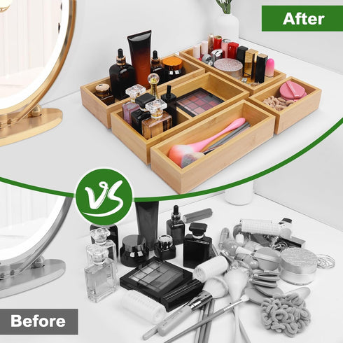 Bamboo Drawer Organizer Set, 5 PCS Multi-Use Individual Wood Storage Organizers for Kitchen, Bathroom, Office