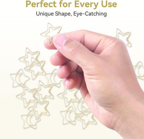 Paper Clips, 100pcs, Gold Star Moon Shape, Cute Bookmarks for Organizing