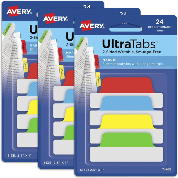 Avery Margin Ultra Tabs: 2.5" x 1", 2-Side Writable, Assorted Colors, 24 Repositionable Page Tabs, 3 Packs Total
