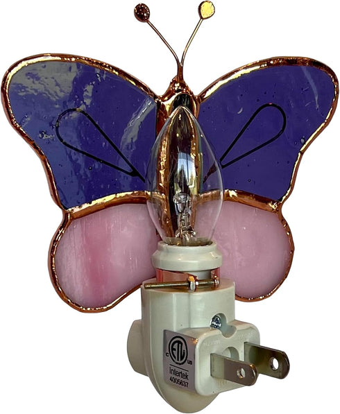4 Bulb Gift Essentials Pink and Purple Butterfly Plug in Night Light - Stained Glass Nightlight with On/Off Rocker