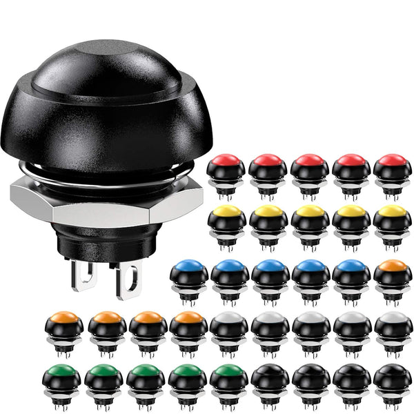Waterproof Momentary Push Button Switch - 12MM Normal Open Mini Micro Switch ON-Off, 35PCS in 7 Colors