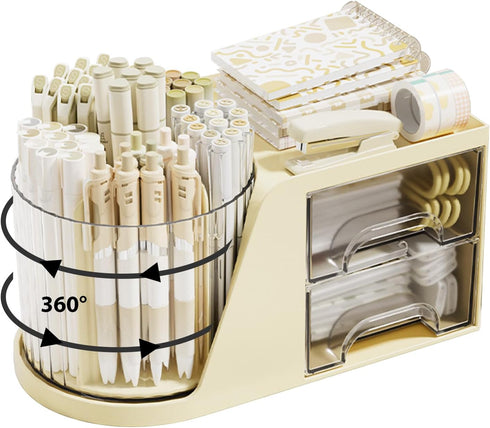 Marte Vanci Desk Organizer, Plastic Makeup Organizer with Drawers, Rotating Pen Holder, Multifunctional Desk Caddy