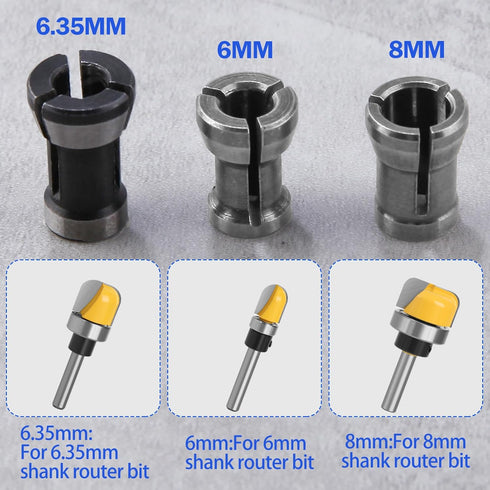3 Pcs Die Grinder Collet 6mm 6.35mm 8mm Router Collet Chuck Adapter Collets Trimmer Clamping Collet Adaptors Router Bit Chuck for Woodworking Engraving Trimming Carving Grinding Machine Tool