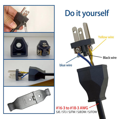 3 Prong NEMA 5-15P Power Adapter Replacement Plug, 3-Pin 15A 125V Male Rewirable Plug (2 Pcs, Black)