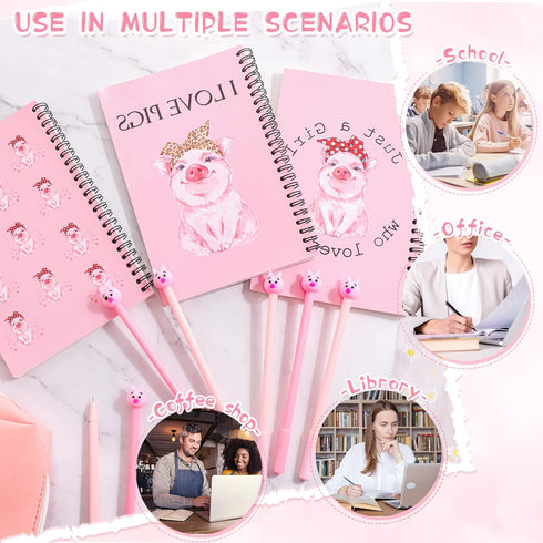 Kosiz 11 Pcs Pig Gifts - 8 Pcs Pig Gel Pens & 3 Pcs Pig Spiral Notebook, Cute Pig Stationary Gift for Women Girls