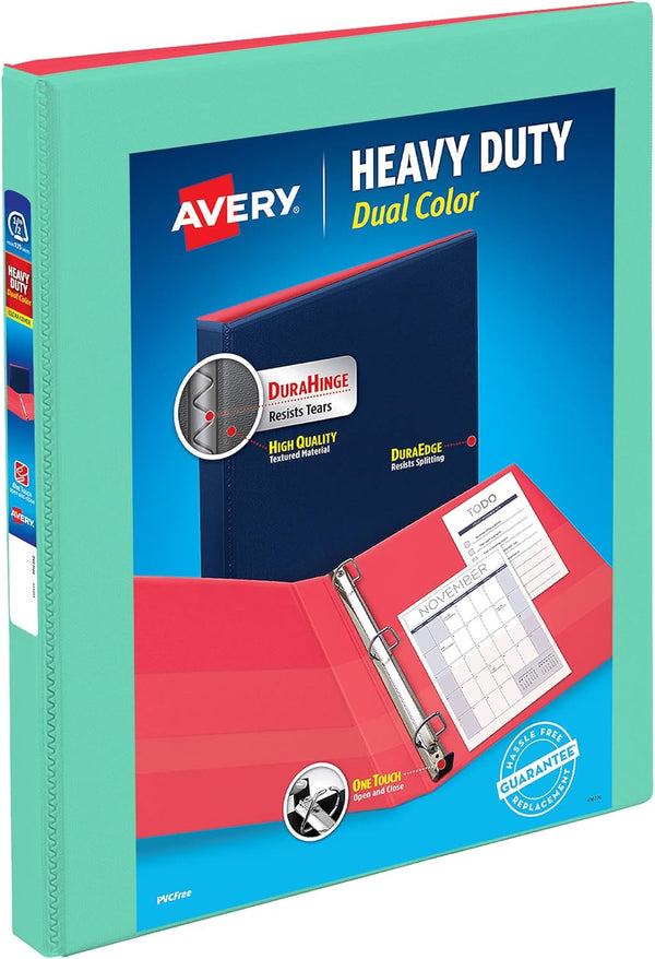 Avery Heavy-Duty Dual Color 3 Ring Binder - 1/2 Inch Slant Rings, Mint/Coral View Binder (17881)