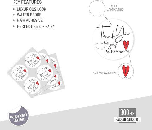 easykart 300 Thank You for Your Purchase Sticker Labels | White Background with Red Heart Design | 2" Inch Round