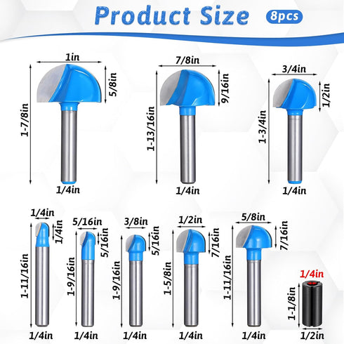 Lyksgir 8 Set 1/4 Inch Set- 1/4" 5/16" 3/8" 1/2" 5/8" 3/4" 7/8" 1" Pcs Cove Box Router Bit Shank, Solid Carbide Double