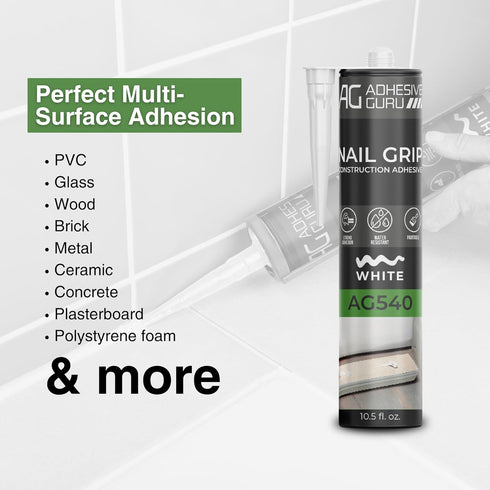 Adhesive Guru Nail Grip Construction Adhesive, 10.5 fl oz, Heavy Duty Repair Sealant for Wood, Tiles, Concrete
