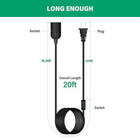 YSSOA 20ft E26 1 Pack, (Bulb Extension Hanging Lantern Pendant Light Cord Cable with Socket, On/Off Switch, Black Not