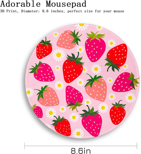 Gctriki Strawberry Mouse Pads, Cute Small Round Mousepad with Stitched Edge, Non-Slip Rubber Base