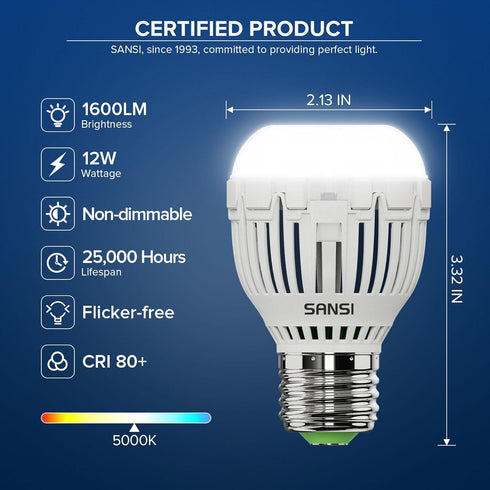 SANSI 100W Equivalent A15 LED Light Bulb, 1600 Lumens 5000K Daylight White Bulb, Energy Saving 25,000 Hours Lifespan Non-Dimmable 12W LED Bulb for Home Lighting, 4-Pack by SANSI
