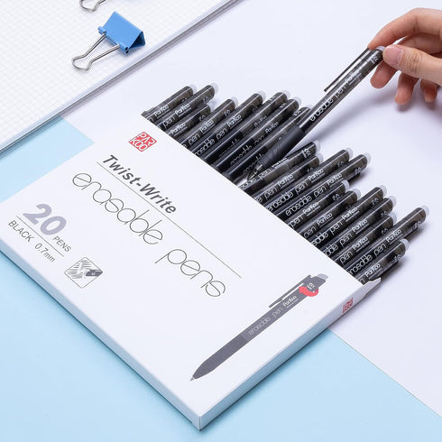 ParKoo 20 Black Retractable Erasable Gel Pens, Twist-Write, Fine Point 0.7 mm for Drawing and Writing