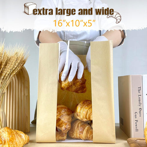BIUBIU 16x10x5 inch Packaging 50Pcs Extra Large Paper Bread Bags for Homemade Bread with Window & Sticker for XL