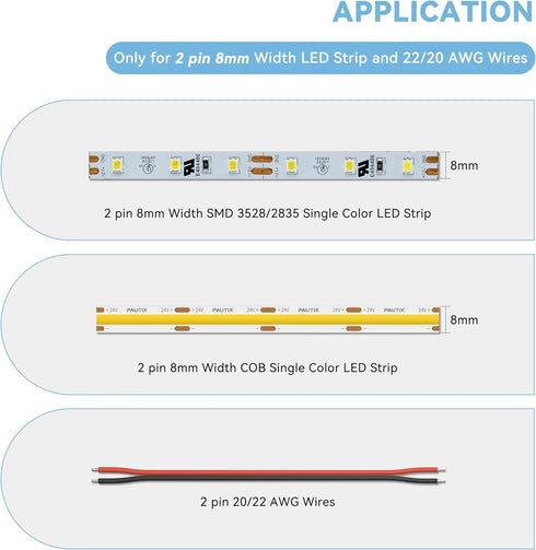 8mm 2-Pin Lights,20pcs Connectors,10ft(305cm) 22AWG Solderless,5V 12V 24V 2835 PAUTIX COB LED Connectors for COB LED