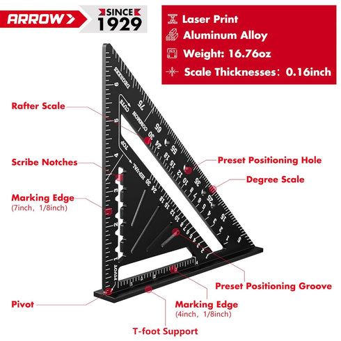 Set, 2PCS 7-Inch Arrow Aluminum Alloy Carpenter Square Rafter Square Layout Tools, Woodworking Triangle Rulers