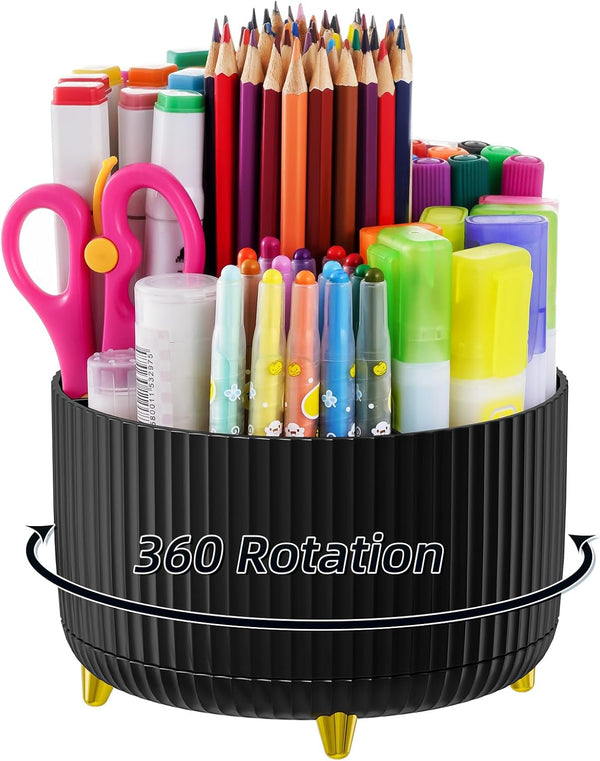 Marbrasse Desk Organizer, 360-Degree Rotating Pen Holder with 5 Compartments for Office, Home, Black