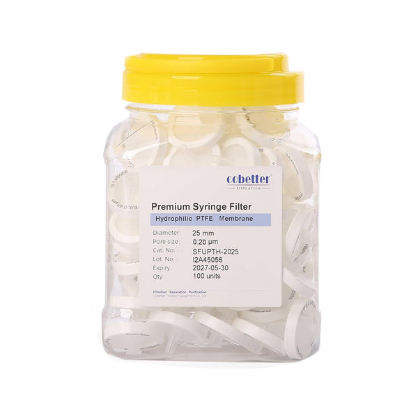 100 Pack PTFE Syringe Lab Filters - 0.2µm, 25mm Hydrophilic Filtration Non-sterile White