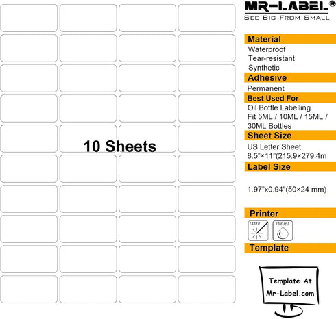 Mr-Label Essential Oil Labels – for Inkjet/Laser Printer – Fit 5ml/10ml/15ml/30ml Bottles and Rollers – Smudge-Proof,