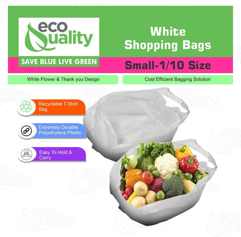 1000ct, 1/10 (8x4x16) (13 EcoQuality Plastic White T-Shirt Bags Shopping Bags, Grocery Bags, Poly Bags, Multi-Use