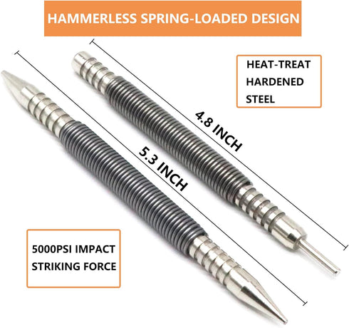 2-Piece Dual Head Nail Setter and Hinge Pin Punch Set, Hammerless Spring Nail Set for Door Pin Removal