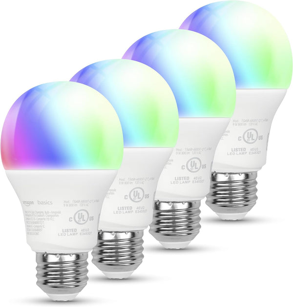 Amazon Basics Smart A19 LED Light Bulb, Color Changing, 9W (60W Equivalent),