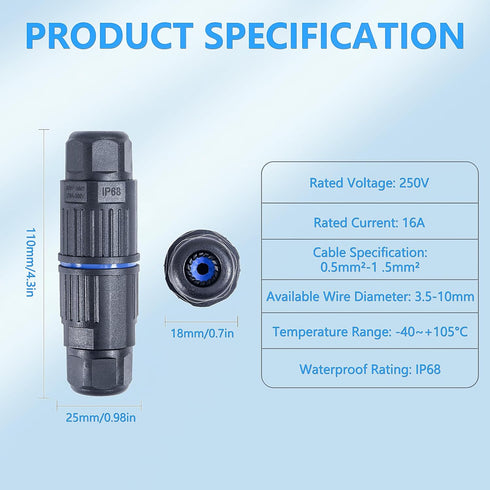 5PCS IP68 Waterproof Electrical Cable Connector, 3 Pin Junction Box for 3.5-10mm Wire Range, Quick Screwless