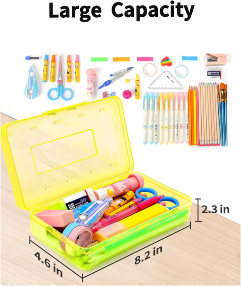 Sooez 6 Pack Pencil Box, Hard Plastic School Supplies Container with Lid, Clear Stackable Crayon Boxes