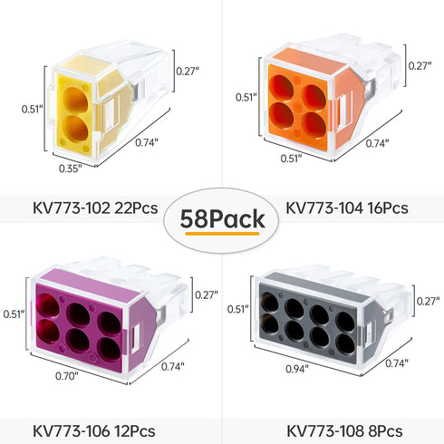 GKEEMARS 58 Pcs Push-in Wire Connector Assortment Pack for Junction Box, 2/4/6/8 Port Conductors