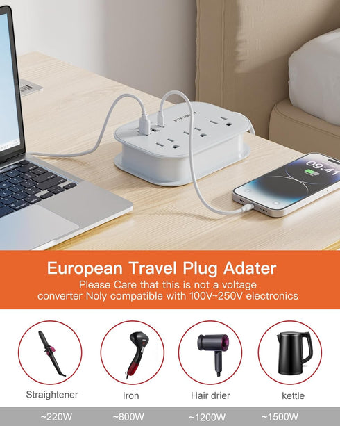European Travel Plug Adapter USB C, Popowell International Adapter, 4 FT Power Strip with 3 Outlets & 3 USB