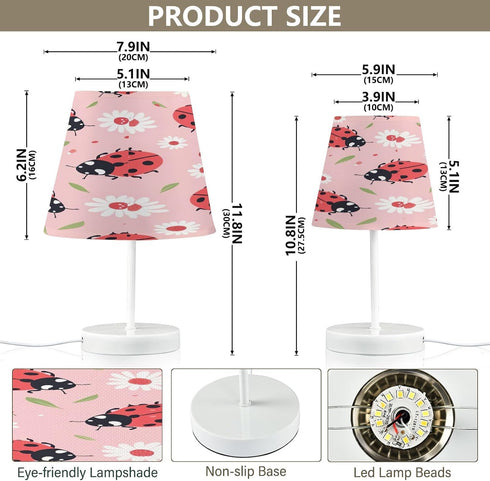 GOODOLD 3 8x12 Lady Bugs on Pink Table Lamp for Bedroom, Lighting Modes LED Bedside Lamps Fabric Shade Desk Lamp