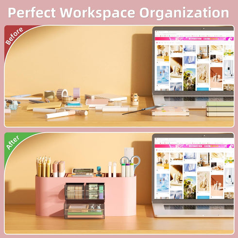Marbrasse Desk Organizer Pen Holder with 3 Drawers, Multi-Functional Pencil Holder for Home, School, Classroom (Pink)