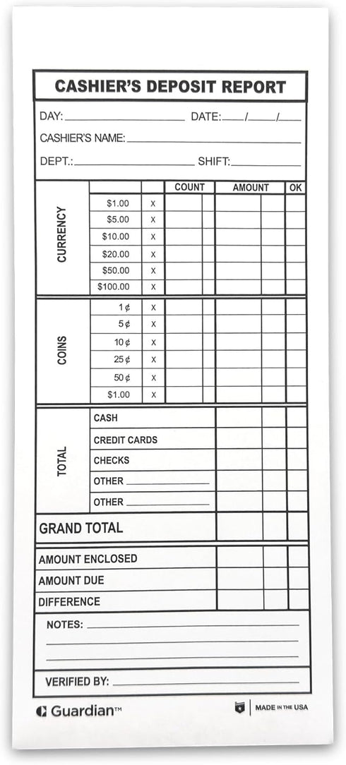 Guardian Cashier Deposit Report Envelopes Self Seal Pack of 500 Cash Drop Envelopes for Small Businesses