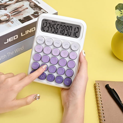 Cute Desktop Mechanical Calculator with 12 Digits Large LCD Display, Big Buttons for Office Home School (Purple)