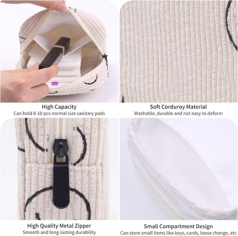 Teircno Sanitary Napkin Storage Bag, Corduroy Period Bag for Women, Cute Portable Period Pouch with Zipper, Sanitary