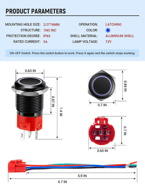 16mm 12V 0.63" SARDVISA Latching Push Button Switch, DC On Off Power Button with LED Angel Eye Ring Light, Mounting