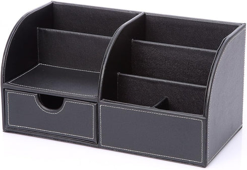 KINGFOM Pu Leather Desk Organizer Caddy Storage Box for Office Supplies, 6 Compartments with Drawer, Black (Full Pu