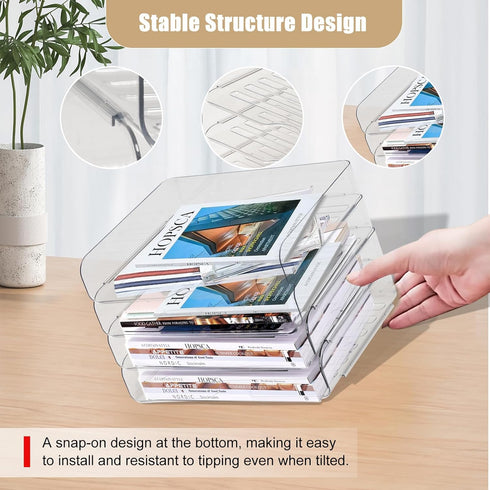 Clear Stackable Paper Trays 4 Pack, Desktop Racks with File Bags for Books, Magazines, and A4 Size Paper