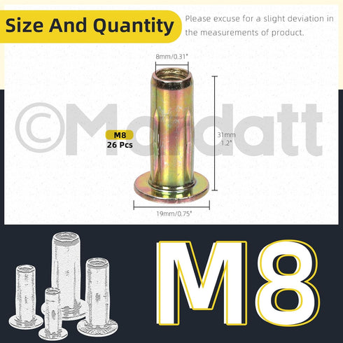 26Pcs M8 Zinc-Plated Multi-Grip Rivet Nut Flat Head Shank Insert Nut Gold Finish for Industrial Fasteners