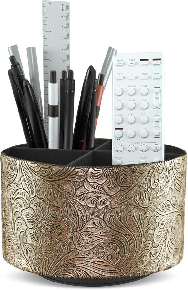 lizimandu Round Leather Art Supply Organizer, Remote Control Holder, 360 Degree Spinning, 4 Compartments